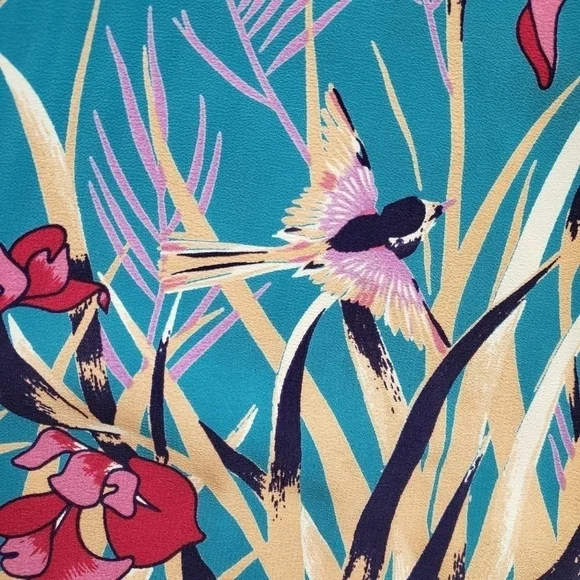 Vintage Turquoise Bird Iris Strapy Back Sheath Midi Dress Cap Sleeve Size Small - Picture 8 of 13